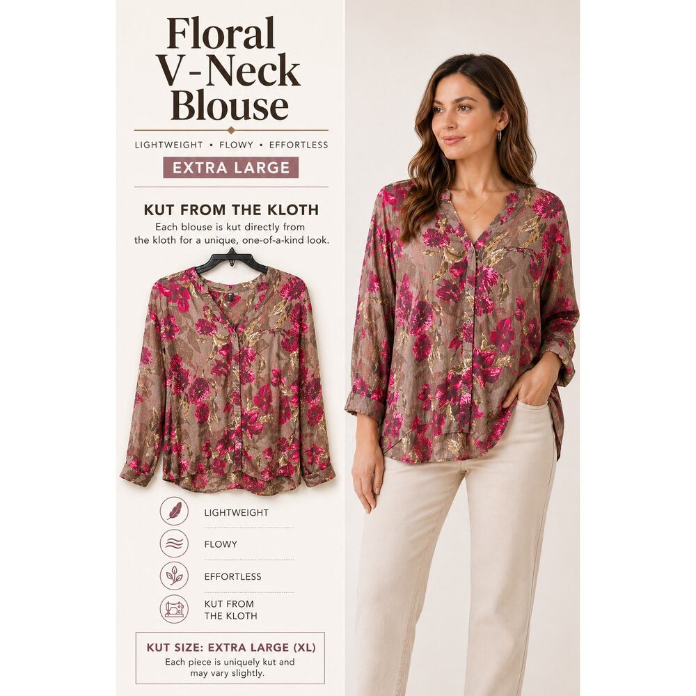 Kut From The Kloth XL Floral Blouse Sheer Boho Flowy V-Neck Top